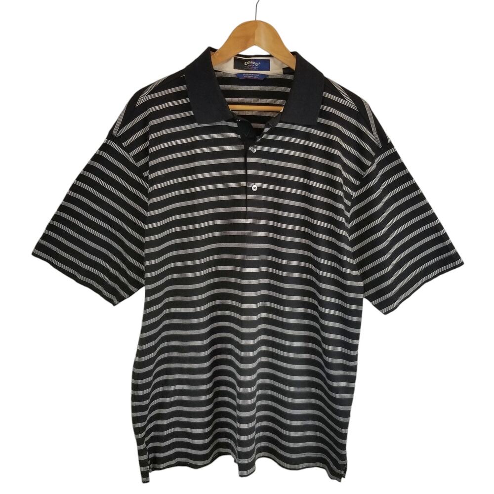 Callaway Men's 100% Egyptian Cotton Golf Polo Shirt Black White Striped Size XL